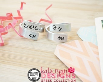 Phi Mu Big Little Wrap Ring Set - ΦΜ Big Little Sorority - Official Licensed Product - ΦΜ Big Little Reveal - Hand Stamped Wrap Rings