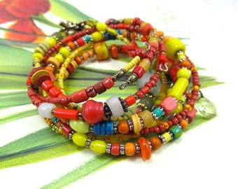 African Trade Bead Stack Bracelets, Red and Yellow Ghana Bracelet, Colorful Czech Glass Bracelet, Memory Wire Bracelets, Multi Color Set
