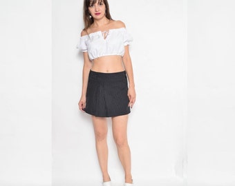 Vintage 90's Pinstripe Mini Skirt / Black Pleated Mini Skirt / Wrap Up Mini Skirt - Size Small