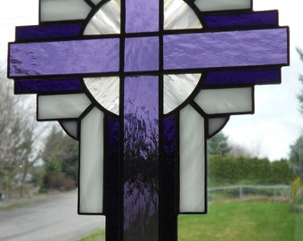 Stained Glass Cross Suncatcher, Purple / White #119
