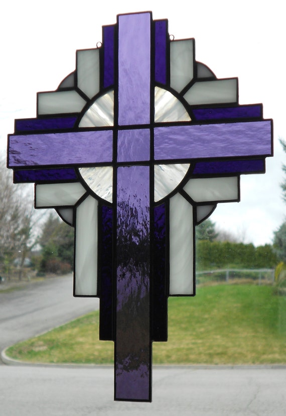 Stained Glass Cross Suncatcher Purple / White 119