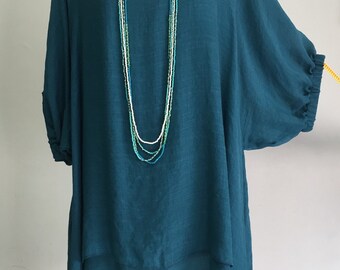 Plus Size 2X 3X 4X 5X Dark Green Teal 2 Layers Cotton Top Women Tunic Blouse Boat Neckline Dolman Sleeve