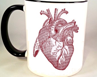 Anatomical Heart Coffee Mug, Vintage Medical Illustration Coffee Cup, Anatomy Horror Mug, Sublimated 11 oz, Colored Handle & Rim, 4 Colors