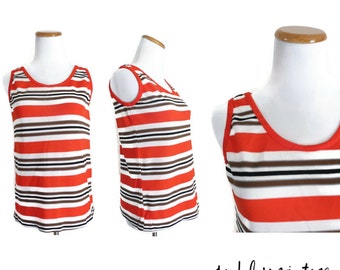 60s Mod Blouse Tank Top Shirt Striped Knit 1960s Go Go Twiggy Size Small Red White Brown Black 70s 1970s