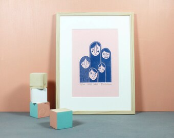Hairy Girls | Linocut, blockprint, girlboss, girl, power, grl, pwr, handpulled, printmaking, illustration, girlgang, girls, blue, pink, A4
