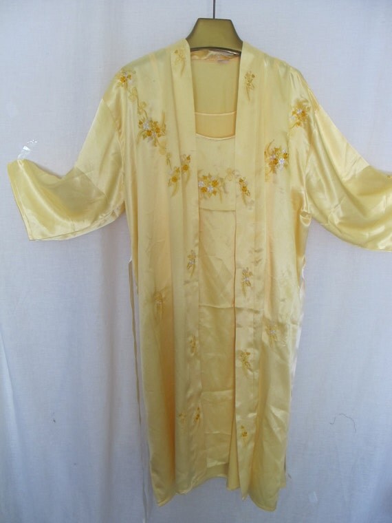 Silk Nightgown Peignoir Set Yellow Nightgown Robe Miss Elaine