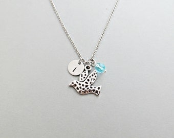Dove Initial Necklace Personalized Hand Stamped - with Silver Dove Charm and Custom Bead