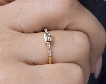 Baguette diamond ring, Micropave baguette ring, Diamond ring, Wedding ring, Engagement ring ,Trendy baguette ring, Solid gold ring
