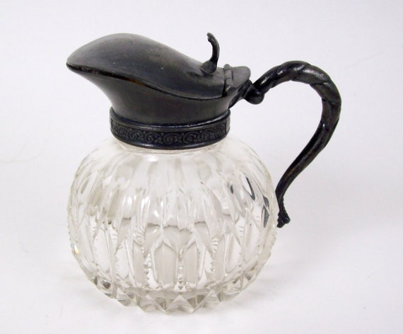 Antique Cut Glass Syrup Pitcher Small W Metal Spout And Handle 7805