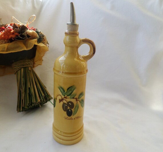 vintage ceramic Olive Oil cruet Black Olives design sunny