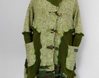 Upcycled Moss Green Coatigan / Recycled Sweater Coat / Lagenlook Knit Coat / Art-to-Wear / O.O.A.K.