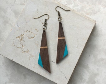 5th & 6th Anniversary Gift - Wood Jewelry - Painted Wood Earring - Wood Dangle Earring - Wood Earring Triangle - Asymmetric Triangle Earring