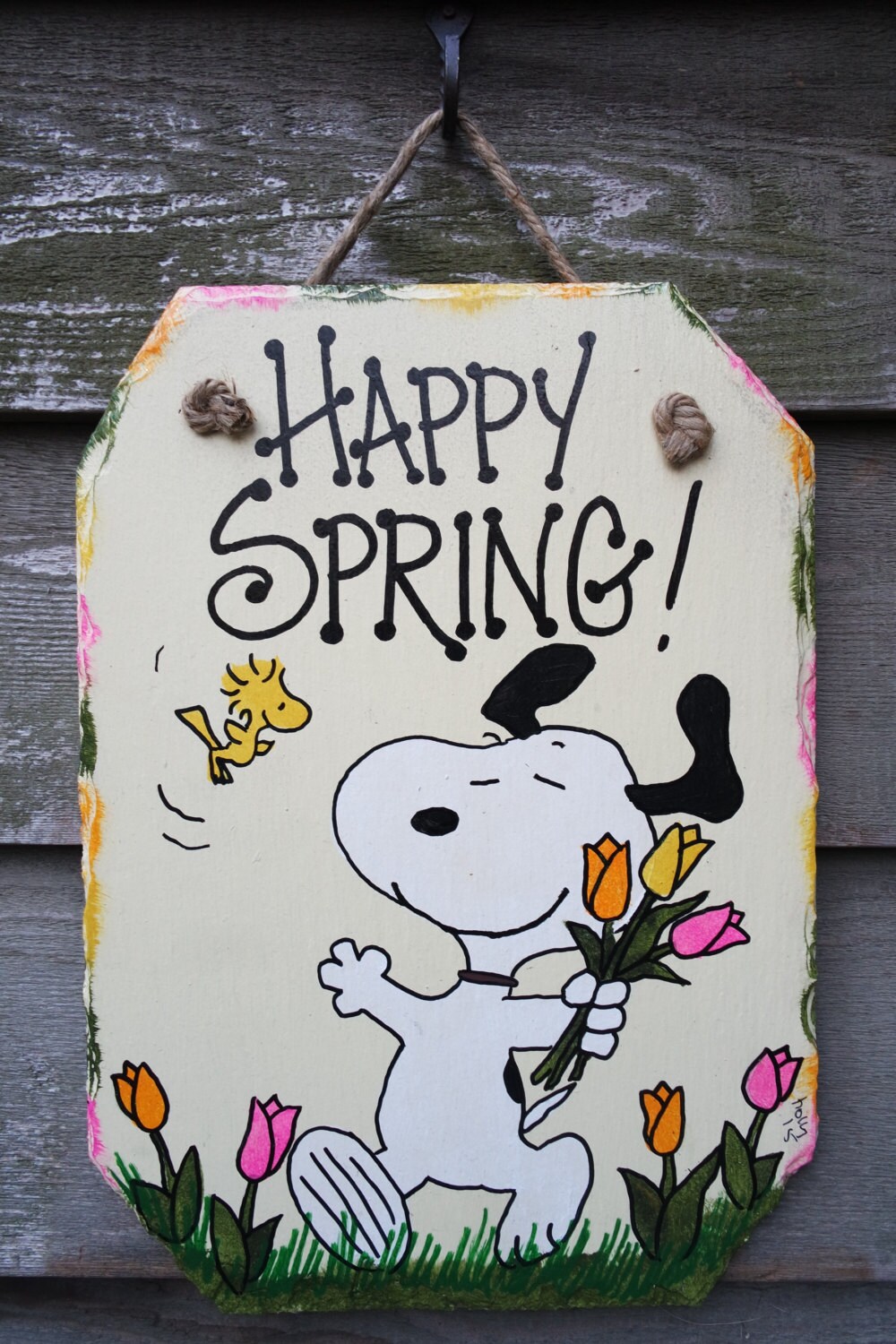 Snoopy and Woodstock hand painted Happy Spring Tulips Flowers