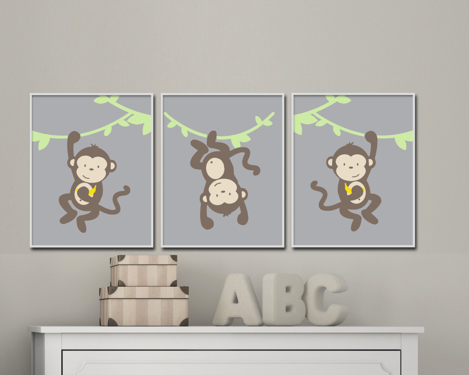 Monkey Nursery Wall Art Print Green and Brown Jungle Nursery
