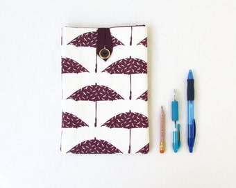 Ipad mini case, dark purple umbrella hand printed fabric, padded tablet sleeve, Ipad mini cover, birthday gift for teen, handmade in the UK