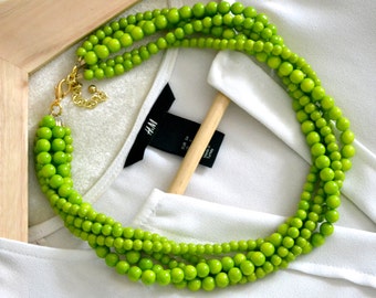 The Ella Green Statement Necklace, Layered Statement Necklace, Multistrand Necklace, Beaded Statement Necklace, Chunky Green Necklace
