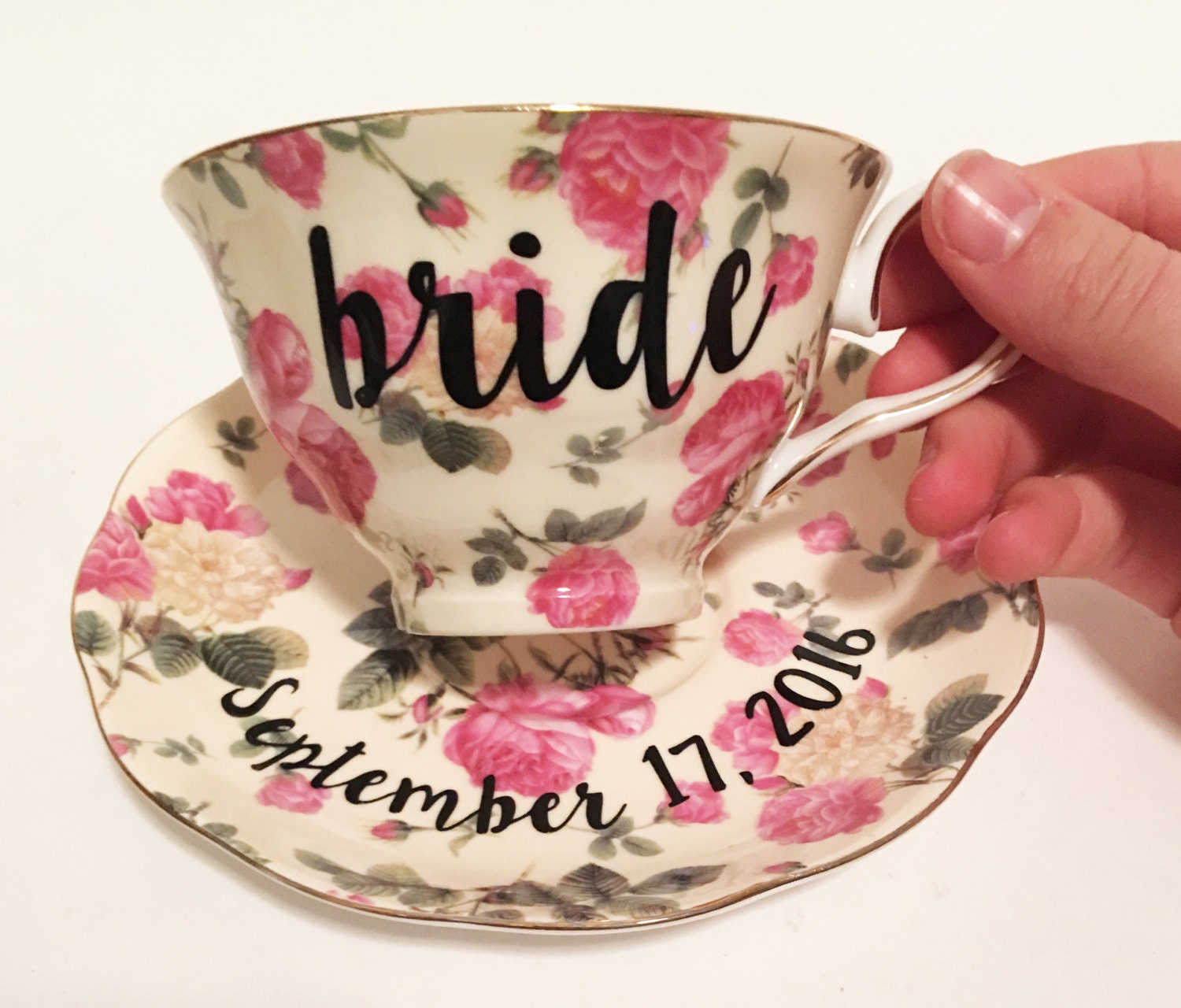 Bride Teacup w/ Date Floral Tea Cup Yellow by SamiMaurerDesigns