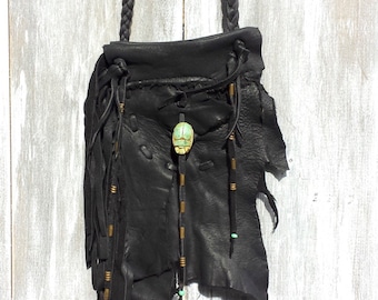 Leather Black Deer Skin Handcrafted Tribal Spirit Bag Scarab Mountain Mini Neck Pouch