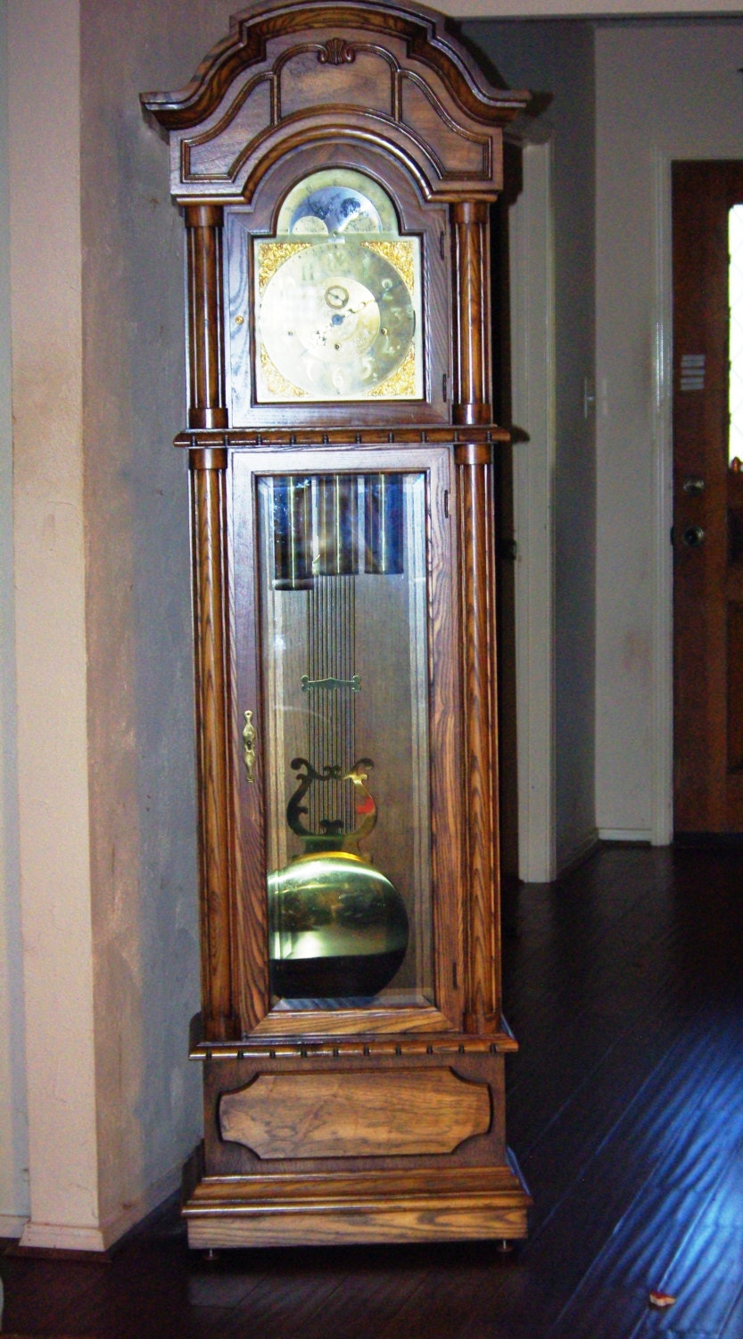 Vintage Trend Grandfather Clock Oak Brass Pendulum Beveled