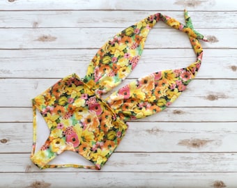 Swimsuit High Waisted Vintage Style Plunge One Piece - Retro Pin-up Bathing Suit - Bold Yellow Floral Print Neoprene Maillot Swimwear