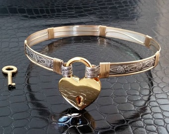 SAVE 25% NOW, Submissive Day & Locking BDSM Collar Soft and Sweet Romantic ss w/ Gold Accents Floral Collar, Slave, Made to Order