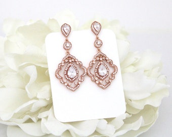Rose Gold Earrings, Art Deco Chandelier earrings, Bridal earrings, Wedding jewelry, Rose Gold Wedding earrings, Rose gold crystal earrings