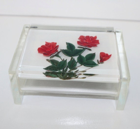 Lucite Jewelry Box Vintage Rose Clear by LoriLakeCollectibles