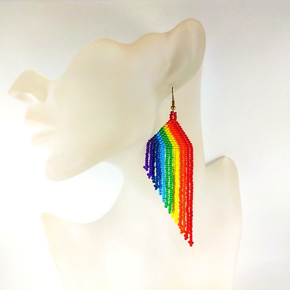 Rainbow earrings Beaded long earrings Colorful fringe dangle