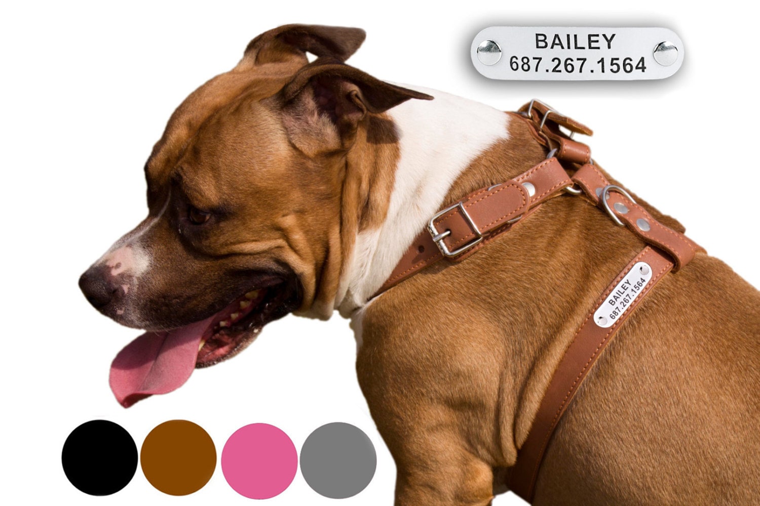 Dog Harness Leather Free PERSONALIZED ID TAG Adjustable for