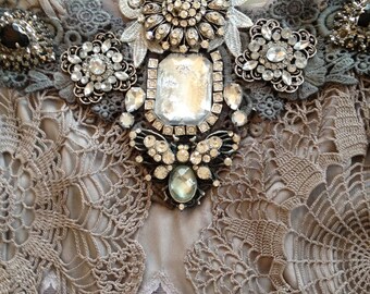 Top with handmade Jewel and vintage laces,crochets,tulle.Handmade & hand dyed.