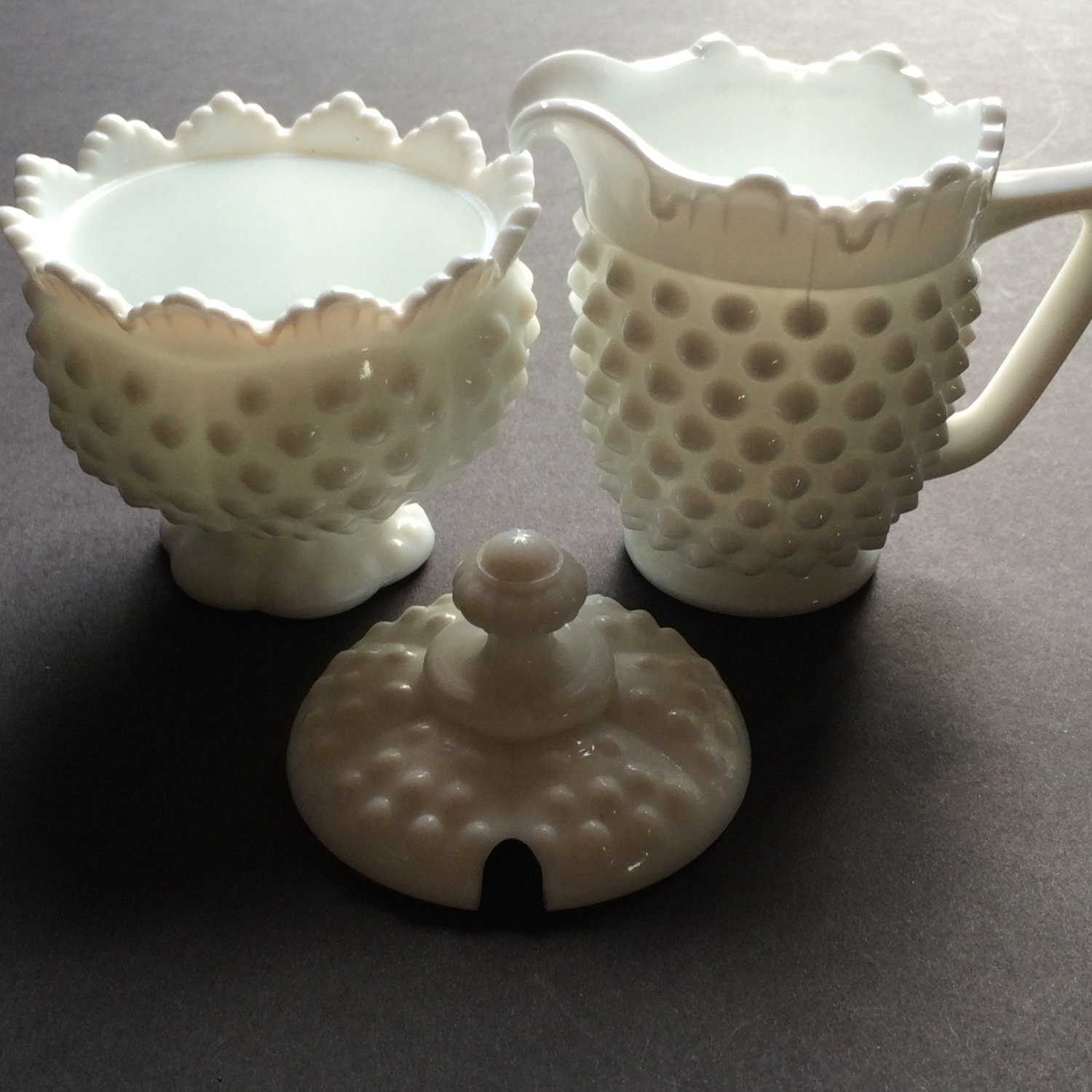 Vintage 1970s Fenton Hobnail Milk Glass Sugar Bowl and Creamer