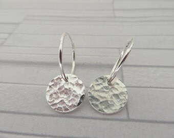 Silver disc earrings, Fine silver earrings, Hammered earrings, Textured earrings, Silver dangle earrings, Made in the UK