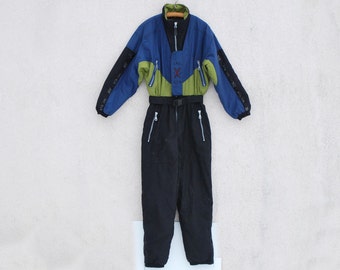 Vintage 80s 90s Ski Suit Black Khaki Blue Ski Suit One Piece Ski Suit Unisex Snowboarding Snowsuit Jumpsuit Medium Size