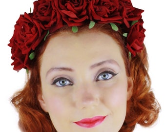 Day of the Dead Dia de los Muertos Red velvet rose hair flower crown headband