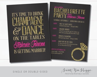 Bachelorette Invitation, Bachelorette Party Invite, Drink Champagne and Dance on Tables (Customizable & Printable) Black, Pink, Gold Glitter