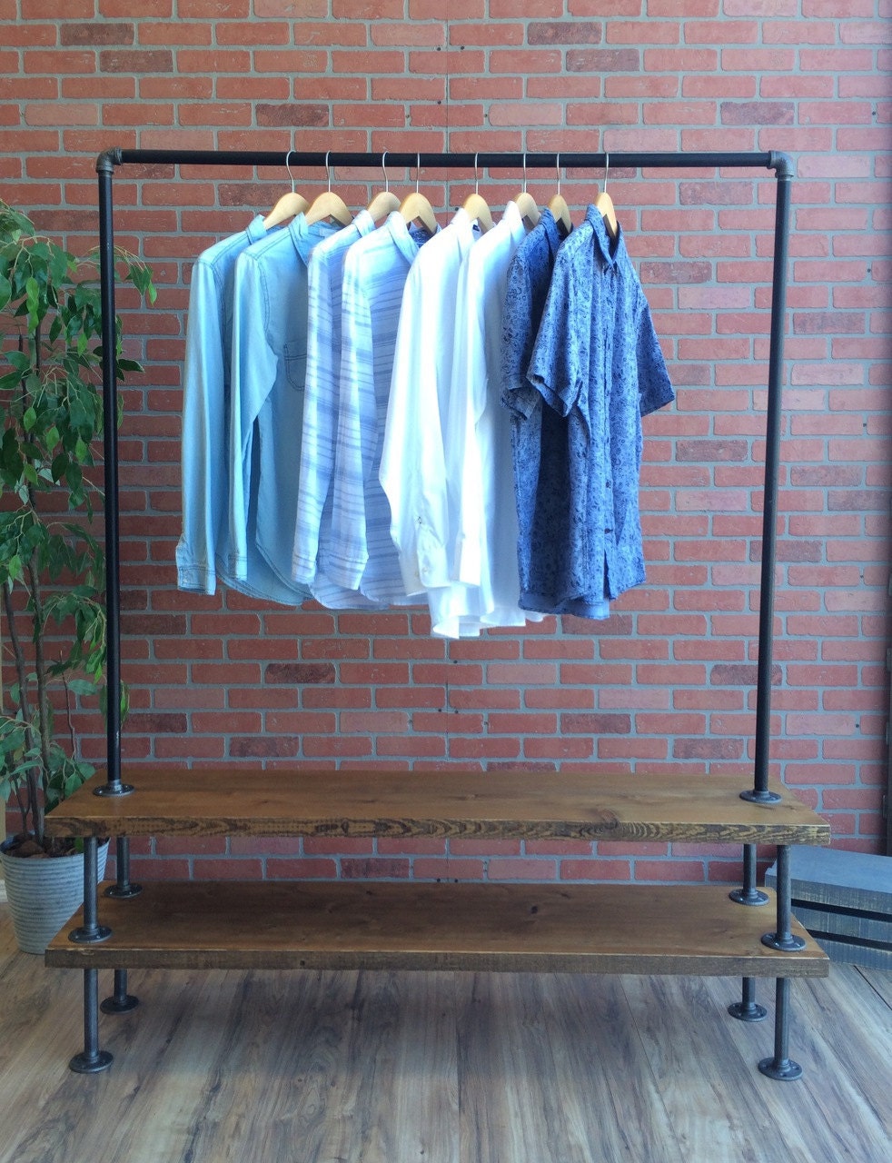 Industrial Pipe Clothing Rack with Cedar Wood Shelves by