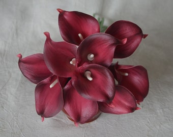 10 Lighter Burgundy Calla Lilies Real Touch Flowers For Silk Wedding Bouquets, Centerpieces, Wedding Decorations