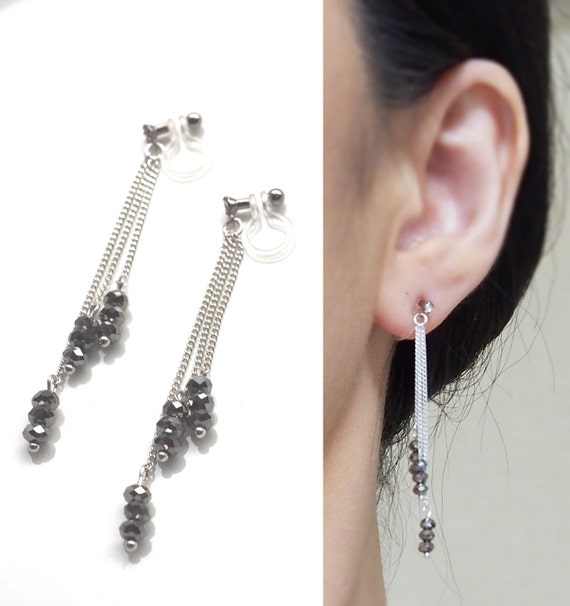Dangle Metallic Black Beads Clip On Earrings Long by MiyabiGrace