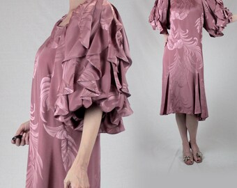 Vintage petal puffy sleeve party dress M/midi cocktail drop waist 20s dress/80s 30s dress/1930s evening 1920s dress blush pink dress women