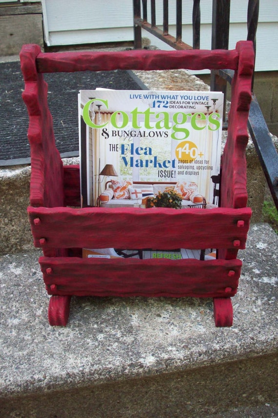 Rustic Magazine Holder/ Vintage wooden hand painted Red