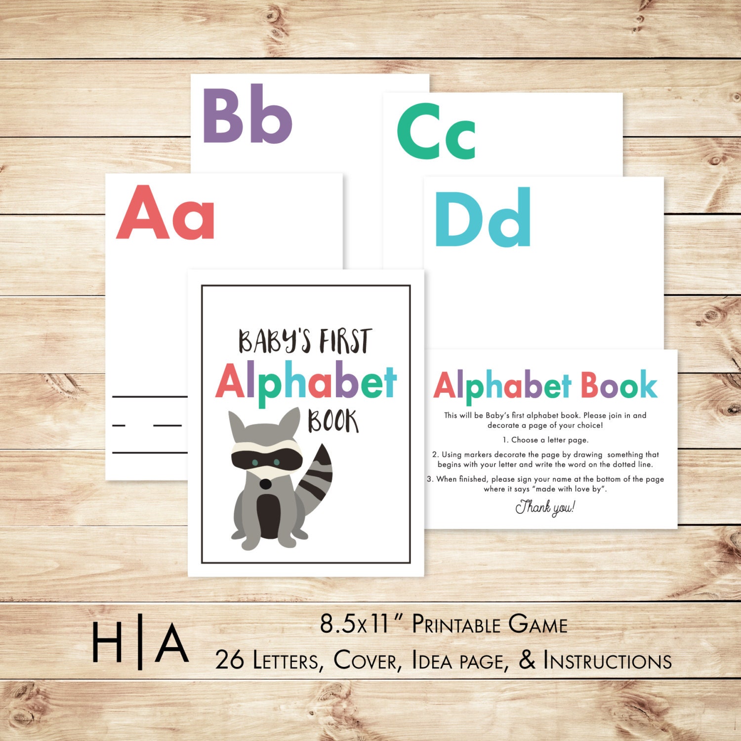 Alphabet Game Baby Shower DIY ABC Book 8.5x11 Woodland
