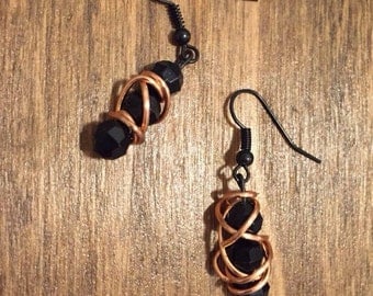 Black Beaded Copper Wire Wrapped Earrings