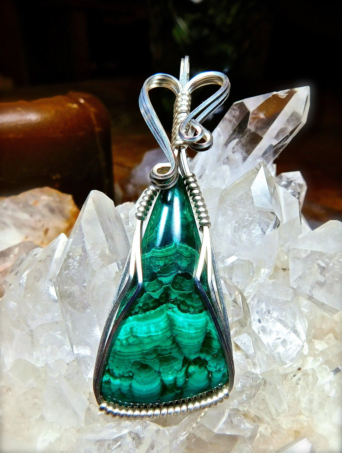 Wire Wrapped MALACHITE Pendant in Argentium 935 Silver Healing