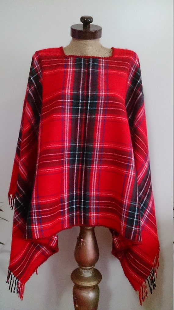 Christmas poncho cape red plaid blanket women poncho by AtlasScarf