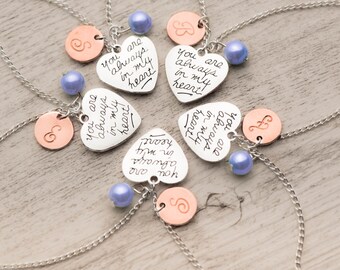 5 best friend necklace as birthstone initial necklace with always in my heart note-set of five friend long distance necklaces as moving away