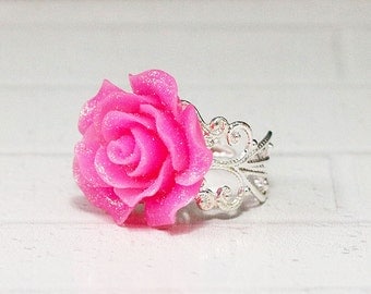 Rose Statement Ring, Pink Flower Ring, Valentine Ring, Bridesmaid Ring, Adjustable Ring, Bridal Ring, Cocktail Party Ring, bijoux resina