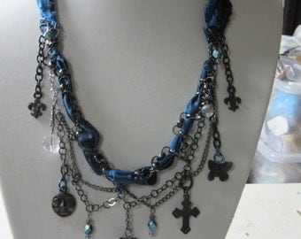 Midnight sari silk ribbon necklace.blue sari silk and charm necklace.chain charm and sari silk necklace.Gothic,Emo,vampire,witch necklace.
