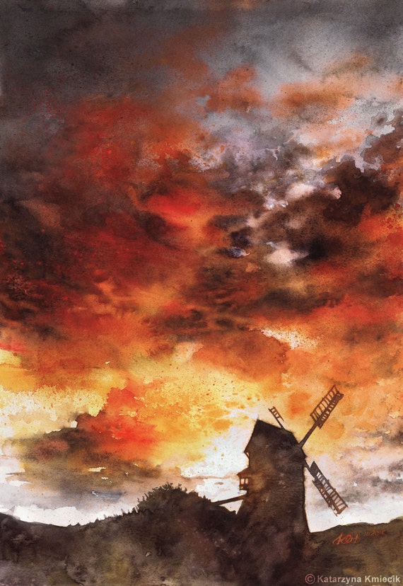 red sunset clouds ORIGINAL WATERCOLOR by Katarzyna Kmiecik
