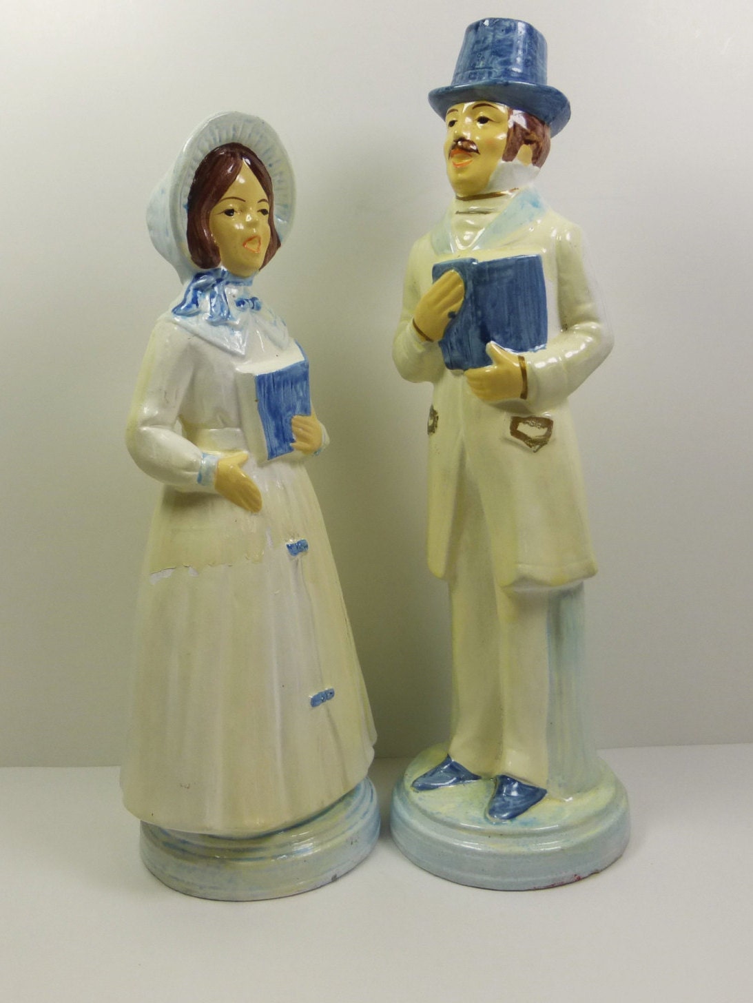 victorian christmas caroler figurines 1960s blue and white vintage paper mache christmas carolers