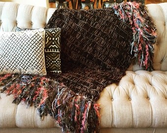 Afghan Throw Blanket. Brown Dark Brown, Gold, Black, Coral Salmon, Grey Home Decor Accessories Lap Warmer
